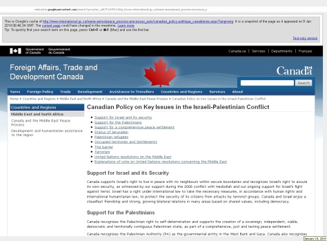 Canadian Policy on Key Issues in the Israeli-Palestinian Conflict: Cached 09Jan2014