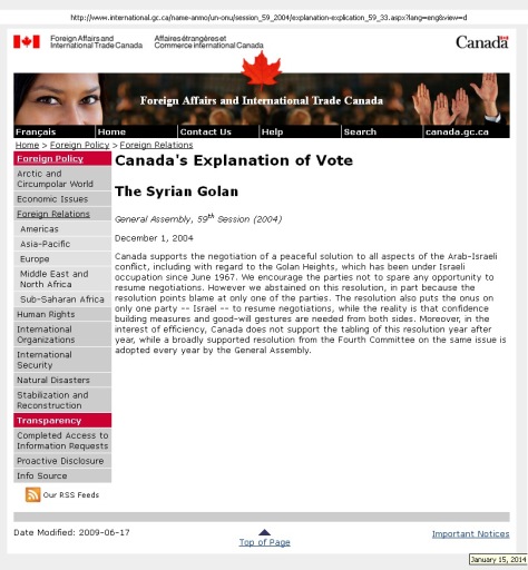Canada's Explanation of Vote The Syrian Golan: Cached 20Oct2012
